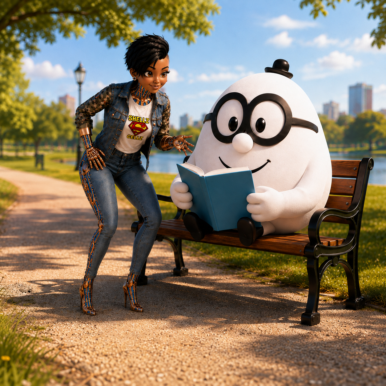 Minimum Viable Health, egg character and robot  at a park