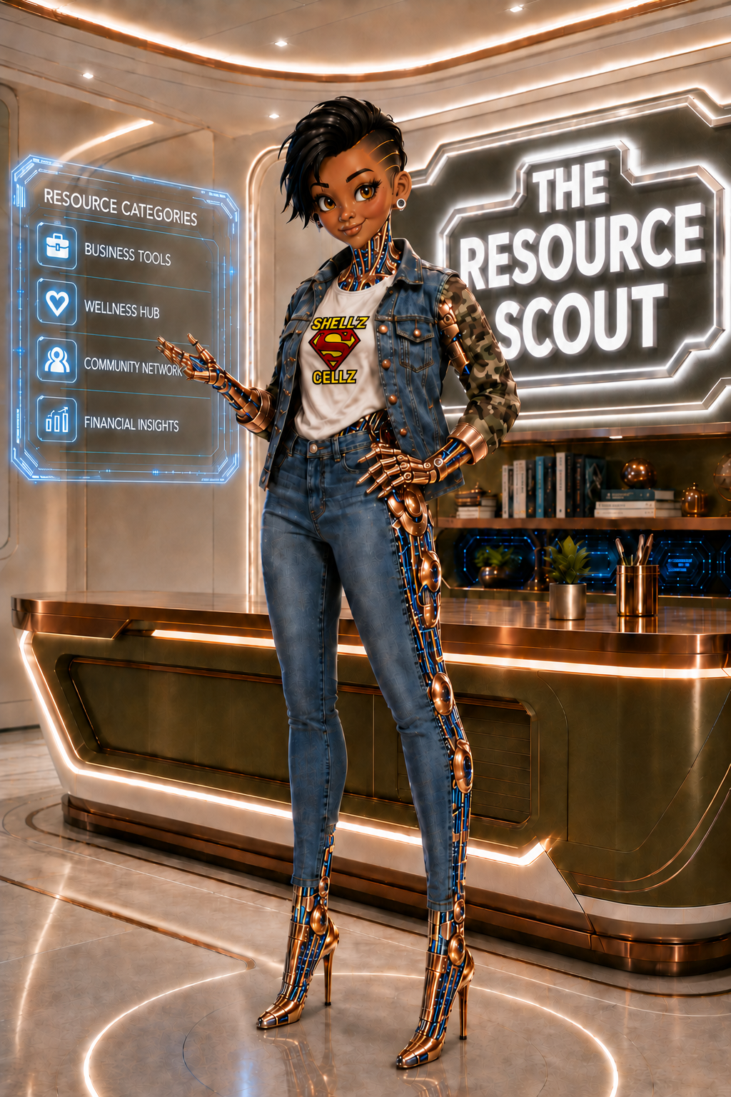 About Us | The Resource Scout | July 19, 2018 *about us, character humanoid, futuristic office, copper metal highlights, earth tone colors
